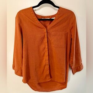 Orvis Linen Blend Tunic Top M Burnt Orange V-Neck Button Front 3/4 Sleeve